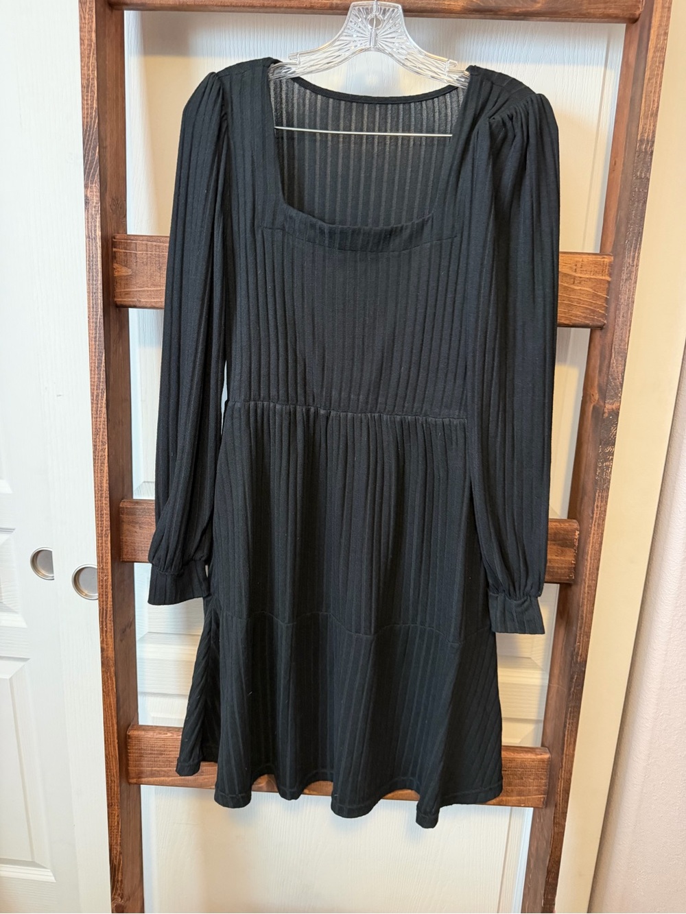 HALARA Black Long Sleeve Square Neck Ribbed Dress